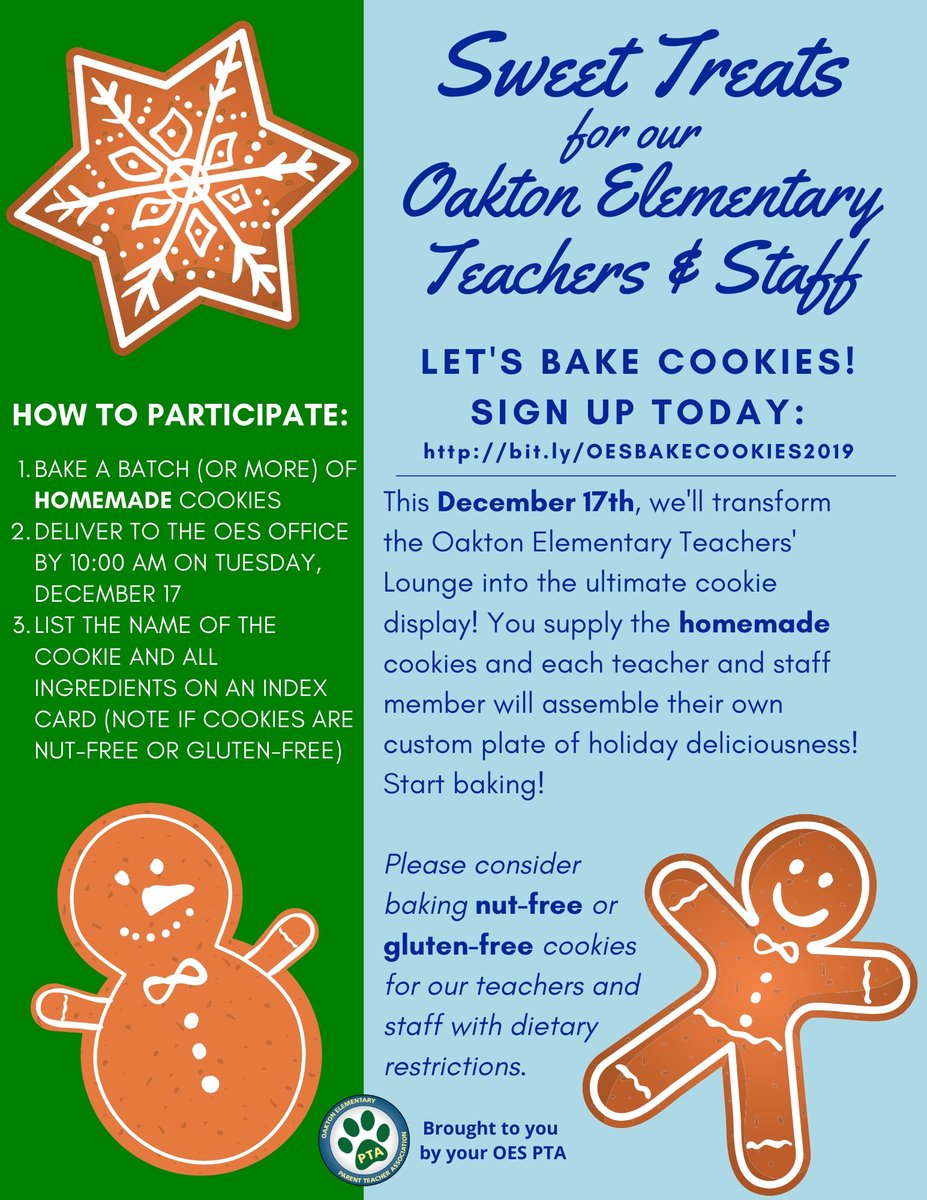 This December 17th, we'll transform the Oakton Elementary Teachers' Lounge into the ultimate cookie display! You supply the homemade cookies and each teacher and staff member will assemble their own custom plate of holiday deliciousness!
Sign up today!!!
bit.ly/OESBAKECOOKIES…
