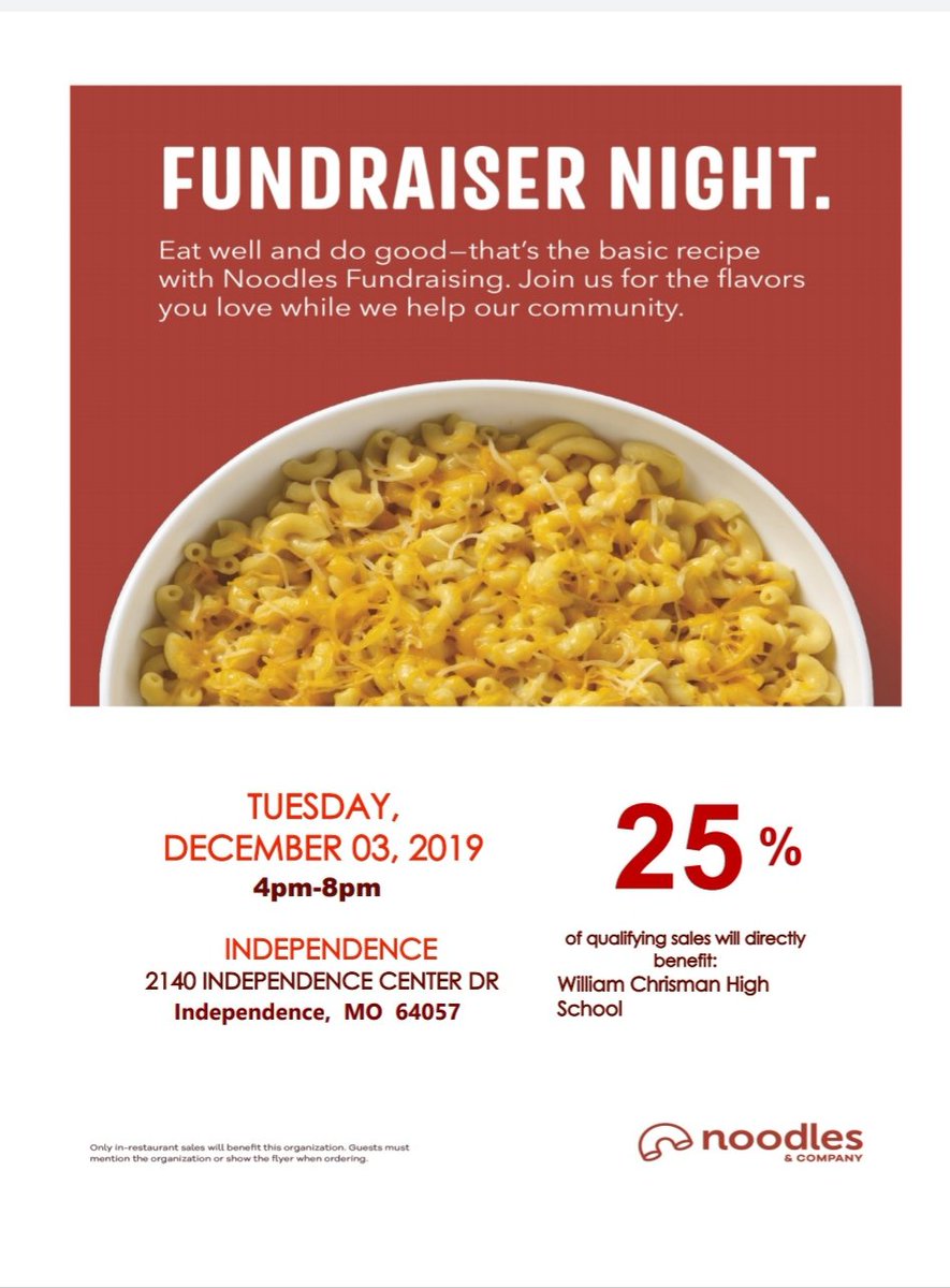 AAdkinsteach's tweet photo. Tuesday, December 3 is National Day of Giving #GivingTuesday. Noodles and Company is sponsoring William Chrisman's Character Plus Committee. The proceeds will be used to support young people in need this holiday season. #isdstrong @ChrismanBears #isdcharacterplus. https://t.co/lUvsWNfuoi