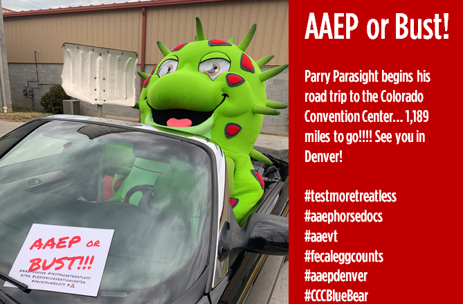 parasightsystem's tweet photo. AAEP or Bust!  Parry Parasight begins his road trip to the Colorado Convention Center… 1,189 miles to go!!!! See you @AAEPHorseDocs and the @CCCBlueBear in Denver!

#testmoretreatless  #aaephorsedocs #aaevt #aaepdenver #CCCBlueBear #pushbuttonfecals https://t.co/cPJ4DBTfNu