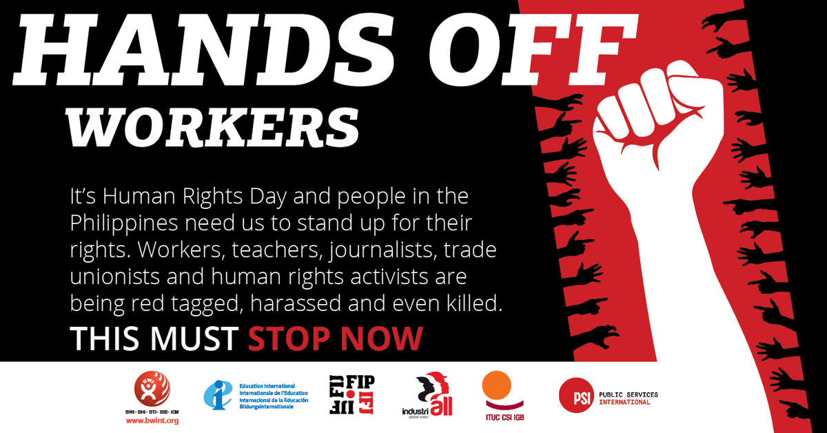 BWI Action Call: Support Human Rights in the Philippines by joining the Global Day of Action on December 10, International Human Rights Day. #StopRedTagging  #StopTheAttacks #StandWithPhilippines #HandsOffTradeUnions #HandsOffWorkers #HandsOff bwint.org/cms/act-now-69…