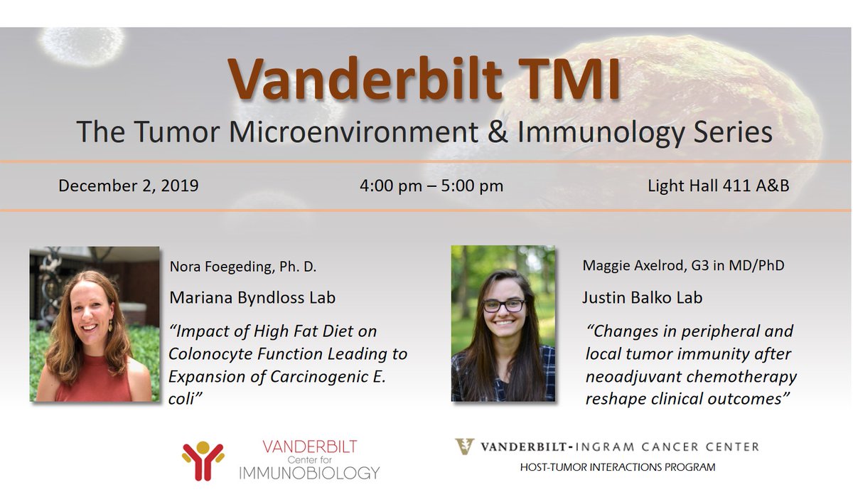 We're starting out #December with a bang! 🎉🎉
After you check out the #PMISeminar at Noon (214LH), be sure to stop by the TMI Lecture Series featuring 
@NoraFoegeding & @MargaretAxelrod - 4pm, Light Hall 411 A&B!

#HappyMonday 😁

@VUMC_VCI @Mari_Byndloss @BalkoLab @VUMC_Cancer