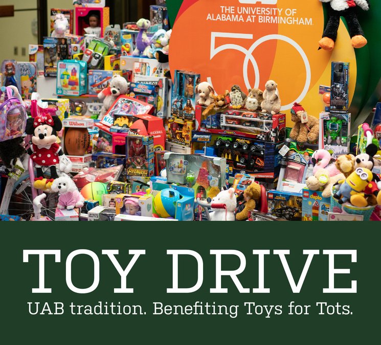 UABStudents's tweet photo. Help children in the Birmingham community have a happy holiday season by contributing to the #UABToyDrive going on now until Dec. 5! #UAB will be collecting toys for the U.S. Marines' #ToysForTots drive. Look for the Toy Drive boxes around campus. 🎄 💛  

@UABIT 
 #UAB50 https://t.co/kVQ4kery1I