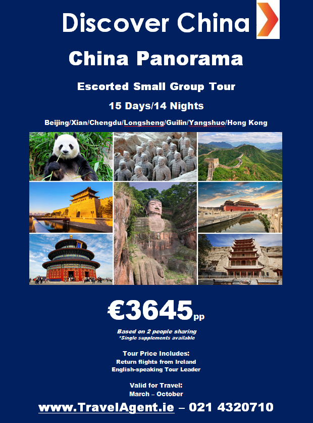 TravelAgentCork's tweet photo. ☀️14 Night - China Panorama Escorted tour from €3645 pp
Includes:
✅Beijing, Xi'an, Chengdu, Longsheng, Guilin, Yahgshou,
✅Hong Kong
Valid for Travel:
March - October 2020, blackouts apply
Book by 29th February - T&amp;C apply

☎️Call: 021 4320710
🌐https://t.co/SKXoAVwOsL https://t.co/tsl7AXspH7