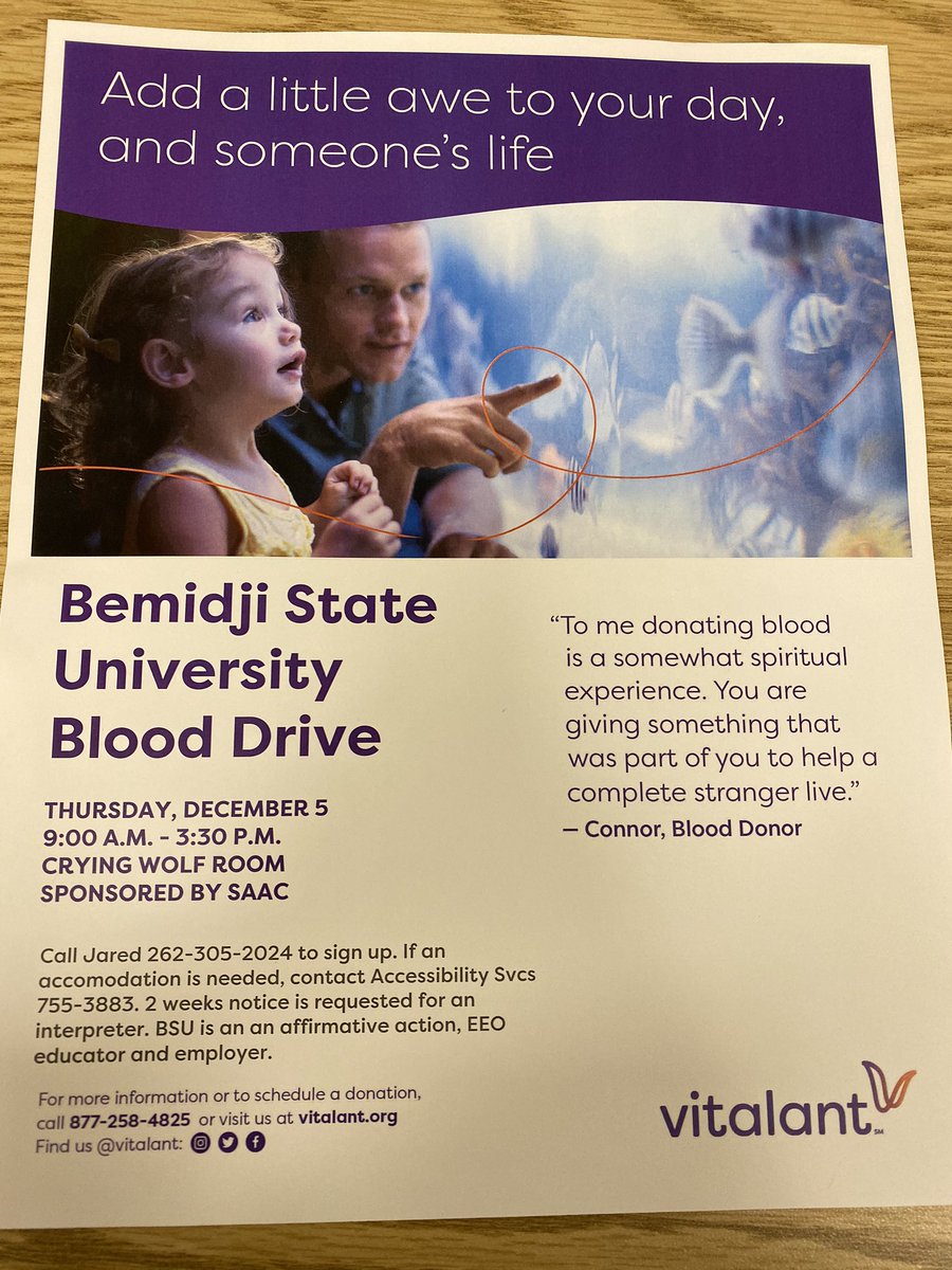 BSUBeaversSAAC's tweet photo. Hey @BemidjiState ! We are putting on a blood drive this Thursday December 5th from 9 am-3:30 pm in the crying wolf room! Change a life and sign up today! Text Jared at 262-305-2024 to sign up! 😀 https://t.co/iwSIfiuXAK