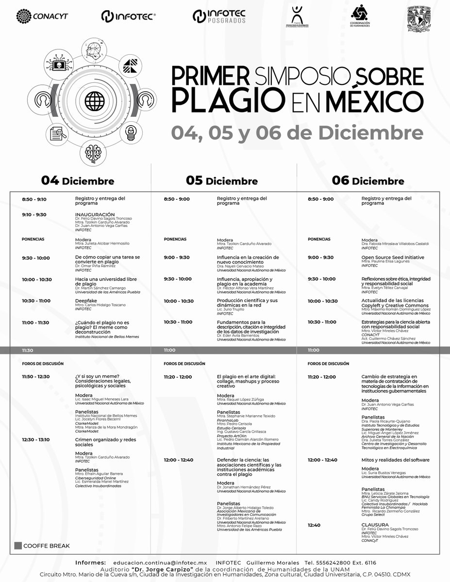 ID_infotec's tweet photo. Presentamos el programa del  "Primer simposio sobre plagio en México" del 4 al 6 de diciembre en el Auditorio "Dr. Jorge Carpizo", de la Coordinación de Humanidades de la UNAM. Entrada Libre
Liga de registro: https://t.co/01lJEg4HSh https://t.co/wF2lNUdlpq