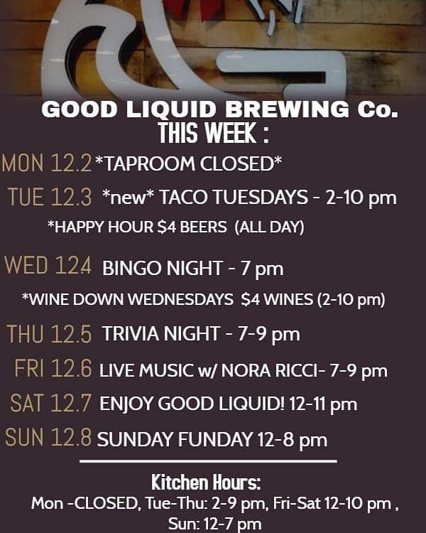 Are cooler days coming??❄️Check out "what's cool" @ Good Liquid Brewing Company this week! Daily specials &amp; events: Happy Hour &amp; Wine Wednesdays, Bingo &amp; Trivia Nights,*new*Taco🌮 Tuesdays plus Friday Night Live Entertainment!🎶