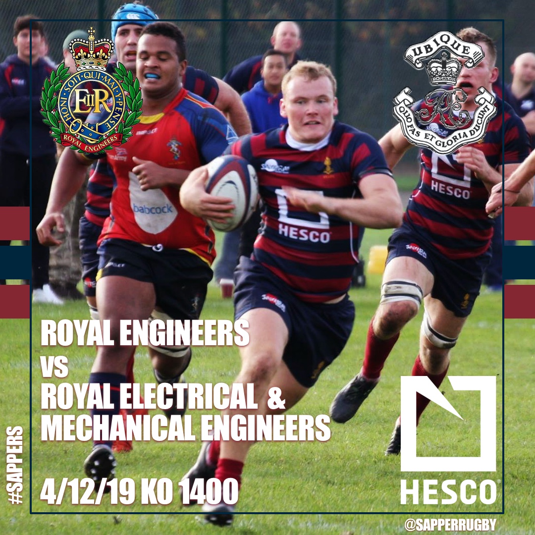 sapperrugby's tweet photo. The @HESCOGroup Royal Engineers are preparing for their final game of 2019 as they take on @REME_Rugby at Minley on Wednesday. We look forward to a good contest, Kick off 1400. @armyrugbyunion @Sappepower @Proud_Sappers  #Sappers https://t.co/f0wpfRCa6o