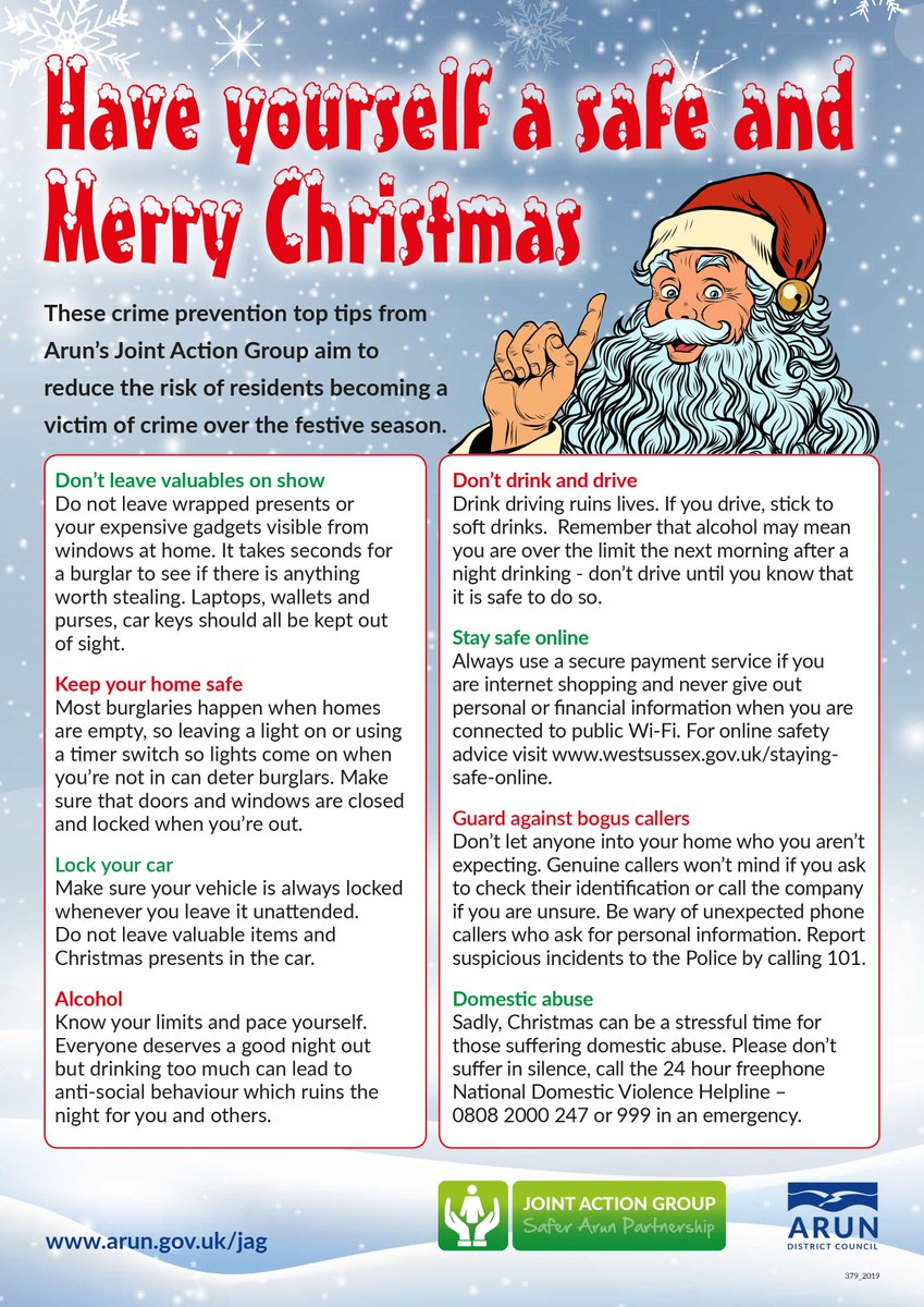 Have yourself a safe and Merry Christmas! 🎄🎅
These crime prevention top tips from Arun's Joint Action Group aim to reduce the risk of residents becoming a victim of crime over the festive season...