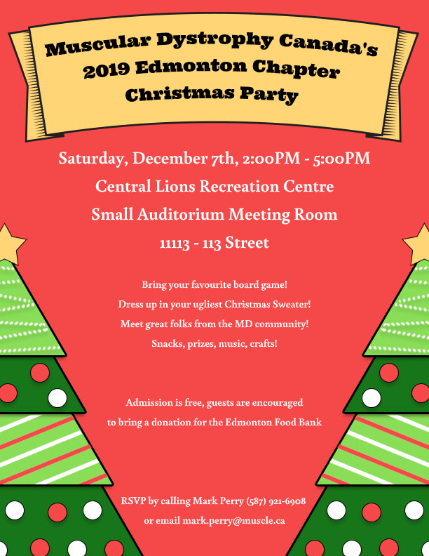 Muscular Dystrophy Canada (@md_canada) on Twitter photo Caroling, candy, and christmas sweaters, oh my! Join MDCโs Edmonton Chapter for their annual Christmas party this Saturday, December 7th, from 2โ5pm, at the Central Lions Recreation Centre. Email mark.perry@muscle.ca to RSVP. Caroling, candy, and christmas sweaters, oh my! Join MDCโs Edmonton Chapter for their annual Christmas party this Saturday, December 7th, from 2โ5pm, at the Central Lions Recreation Centre. Email mark.perry@muscle.ca to RSVP.