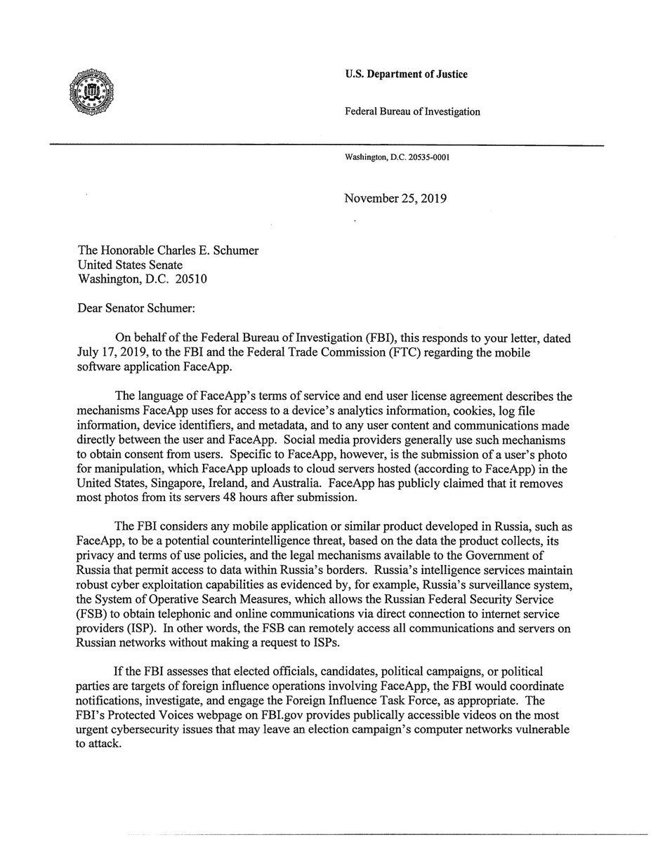 Page 1 of the response from the FBI.