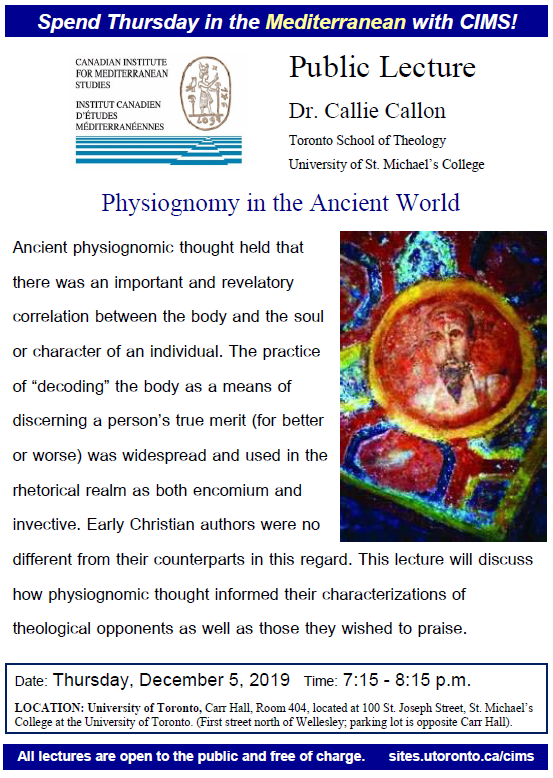 On Thursday, Dr. Callie Callon of @USMCTheology will present a #CIMS lecture on Early Christian engagements with ancient physiognomy and the idea that there was a correlation between qualities of the body and soul of an individual. Free and open to the public: