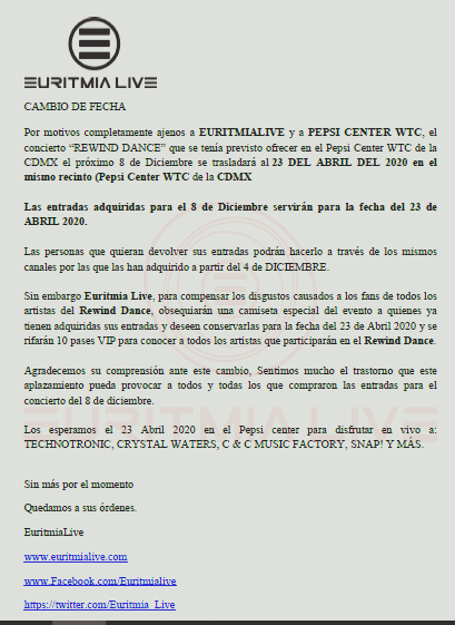 weird_mx's tweet photo. Por diversos motivos ajenos a @Euritmia_Live y @PepsiCenterWTC, el concierto #REWINDDANCE90's del próximo 8 DE DICIEMBRE cambia al 23 DEL ABRIL DEL 2020 en el mismo recinto.
Los accesos adquiridos servirán para el próximo año.
Lee: https://t.co/ggHa0o920N #SomosWEIRD #WEIRDmx https://t.co/srU140PXyq