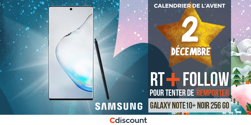 Cdiscount's tweet photo. JOUR 2 🎁
À gagner pour le #CalendrierDeLAventCdiscount : Un Samsung Galaxy Note10 Silver 256 Go🍀
👉https://t.co/1sbvUEme9t
Pour tenter votre chance : RT ce tweet + Follow @Cdiscount

TAS 04/12🕒
Règlement: https://t.co/4cmv3PyMHI https://t.co/OAtgBJeobg