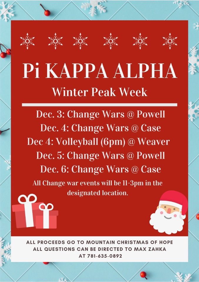 Winter Peak Week is here and we could not be more excited! Check out the schedule of events starting tomorrow and ending on Friday!

All proceeds will go to Mountain Christmas of Hope 🎅🏻🎄🎁