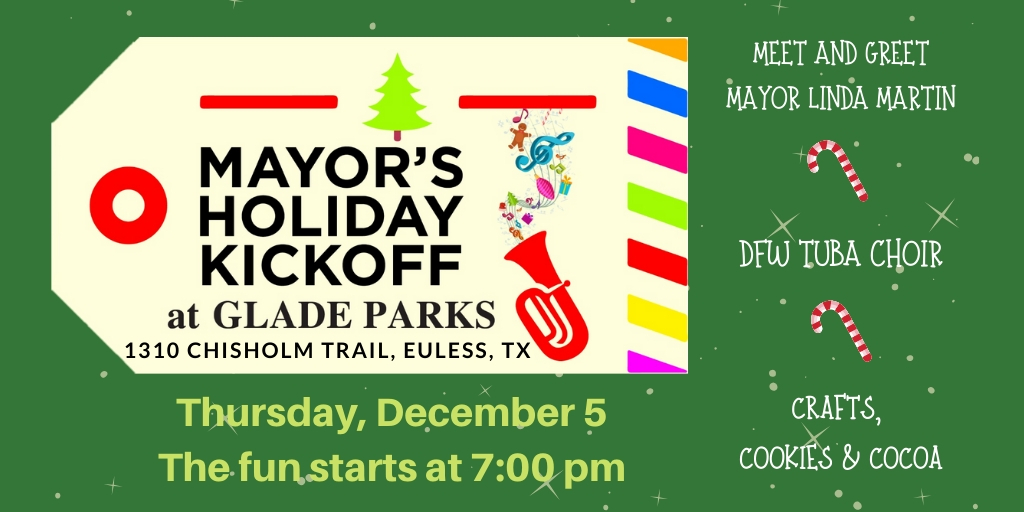 EulessLibrary's tweet photo. Mayor's Holiday Kickoff is TONIGHT!! We hope to see everyone at @GladeParksTX. #MayorsHolidayKickoff #GladeParks #EulessTX https://t.co/1csPfKLEp4