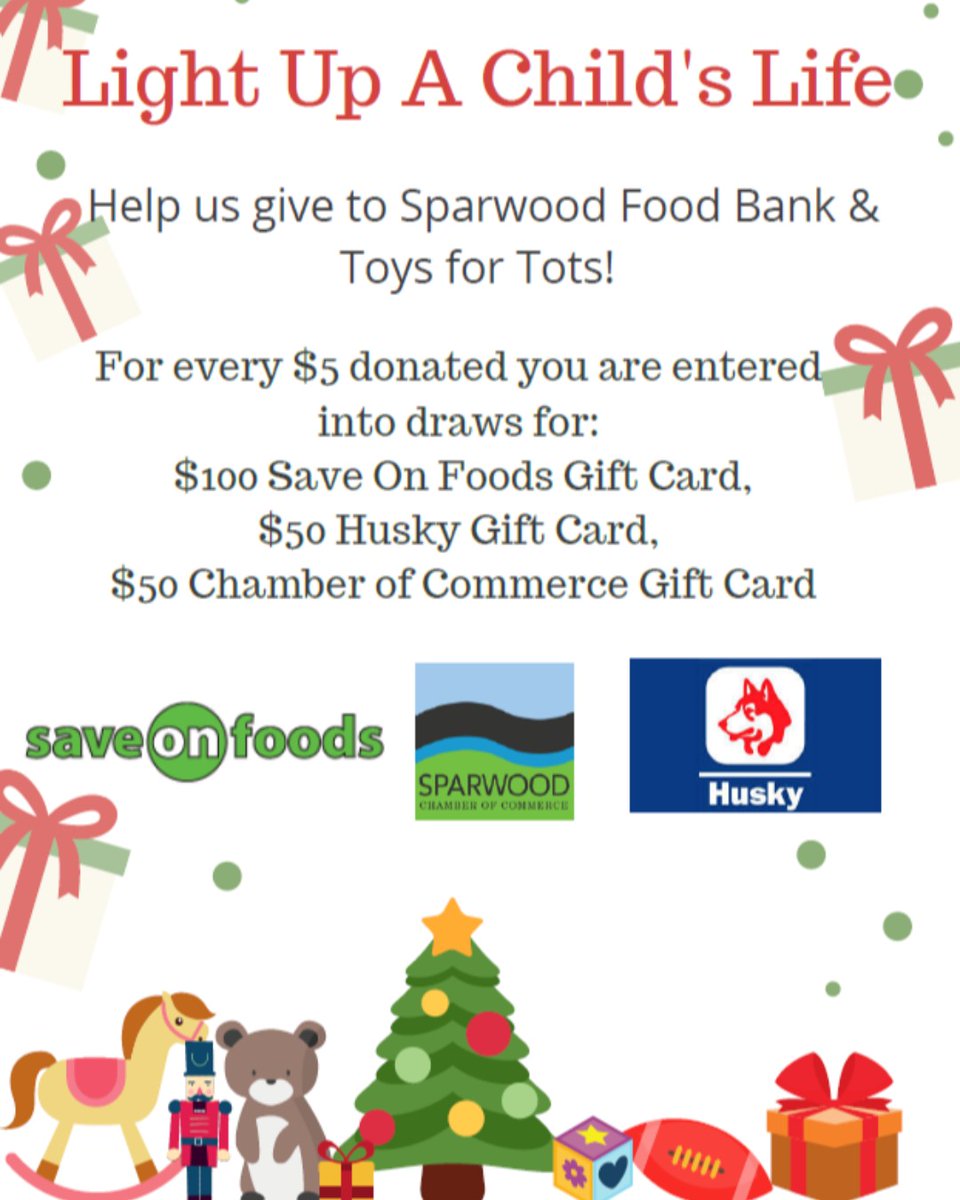 Our annual "Light Up A Child's Life" event is happening now through the 20th. Every Monday - Friday we will have a table set up in the Greenwood Mall from 10:30-6:00 to collect monetary donations. 100% of proceeds are donated to Sparwood Toys for Tots and the Food Bank.