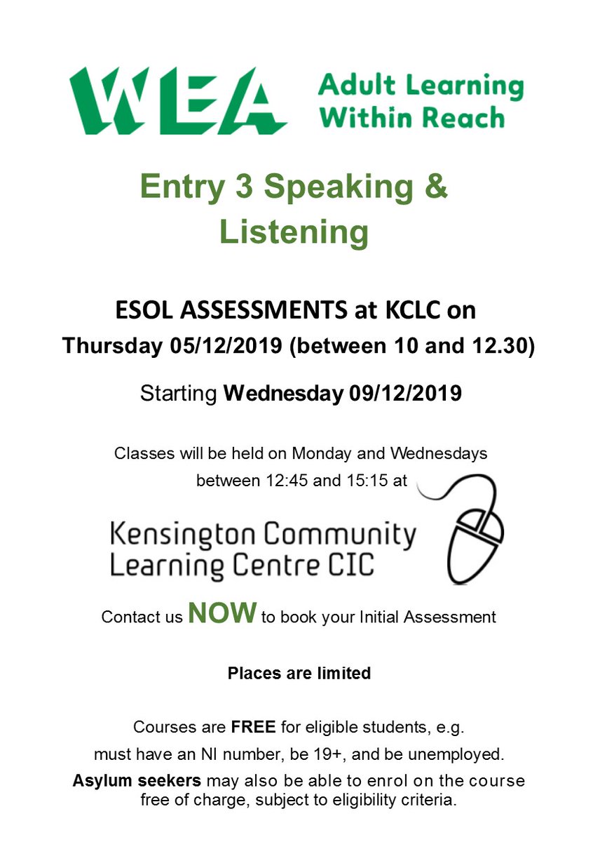 KCLC291's tweet photo. WEA Accredited ESOL course - Entry 3 speaking and listening now enrolling! Assessments this Thursday morning at KCLC. Don't miss out, contact us NOW to book your assessment 0151 260 2006 #ESOL #liverpool #englishlessons https://t.co/nR8i5cthL5