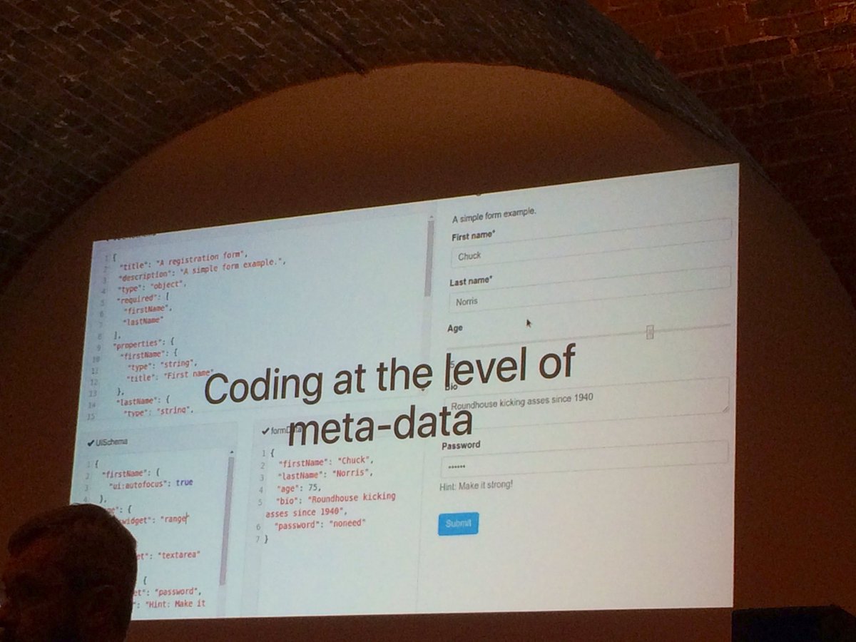 _3Jane's tweet image. Coding at the level of meta-data. Let the computers do the boring stuff (here: generate the interface and validators from format description.) #reClojure