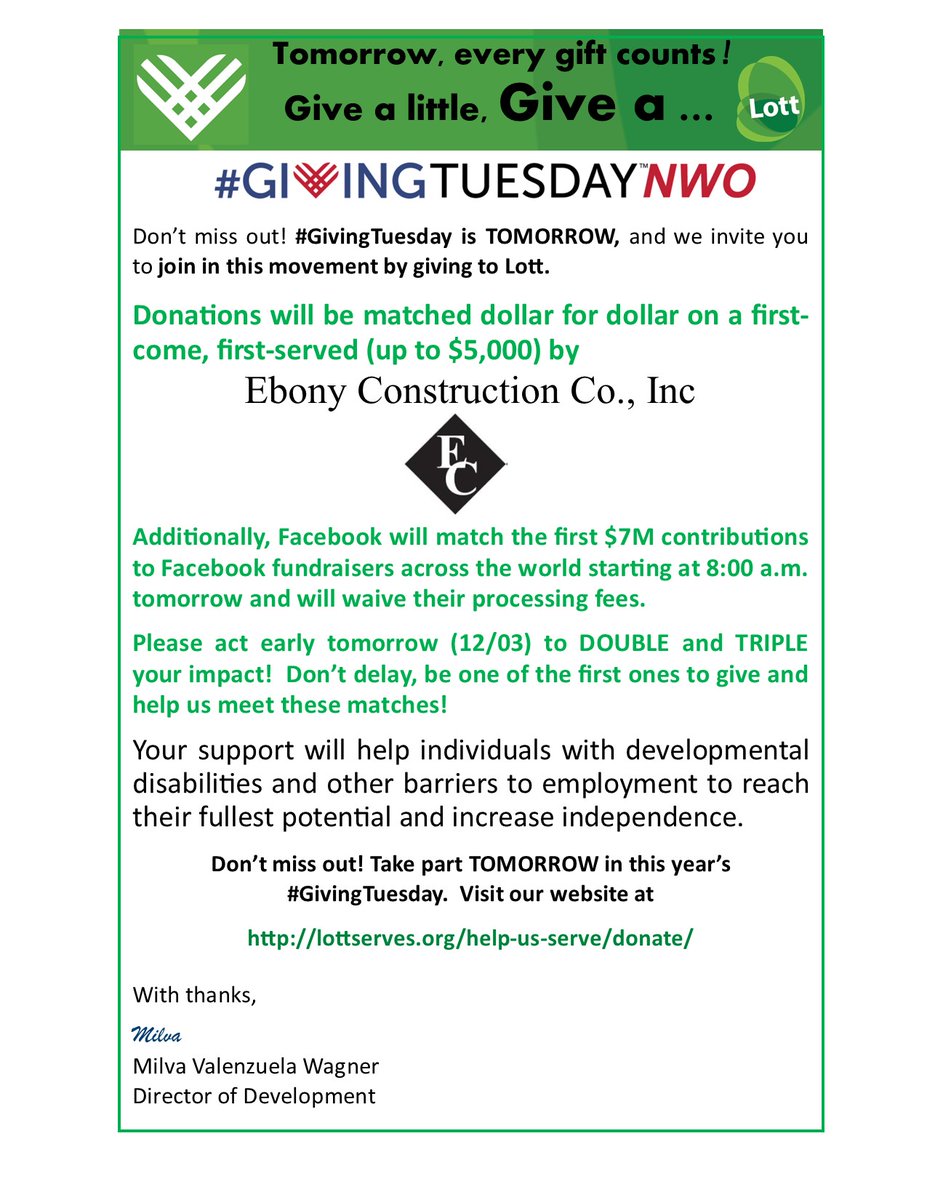 lottserves's tweet photo. Tomorrow is #GivingTuesday.  Give to #Lott tomorrow and take advantage of the matches provided by Facebook (to the first 7M donated worldwide to causes) and Ebony Construction who will match contributions to #Lott up to the first $5,000 received. https://t.co/sPGpEjDODx