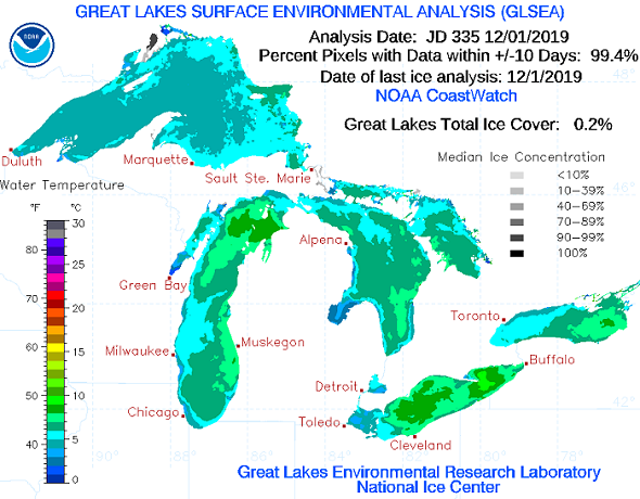 Great Lakes Surface Environmental Analysis (GLSEA) date: 12/1/2019 Great Lakes Total Ice Cover: 0.2%