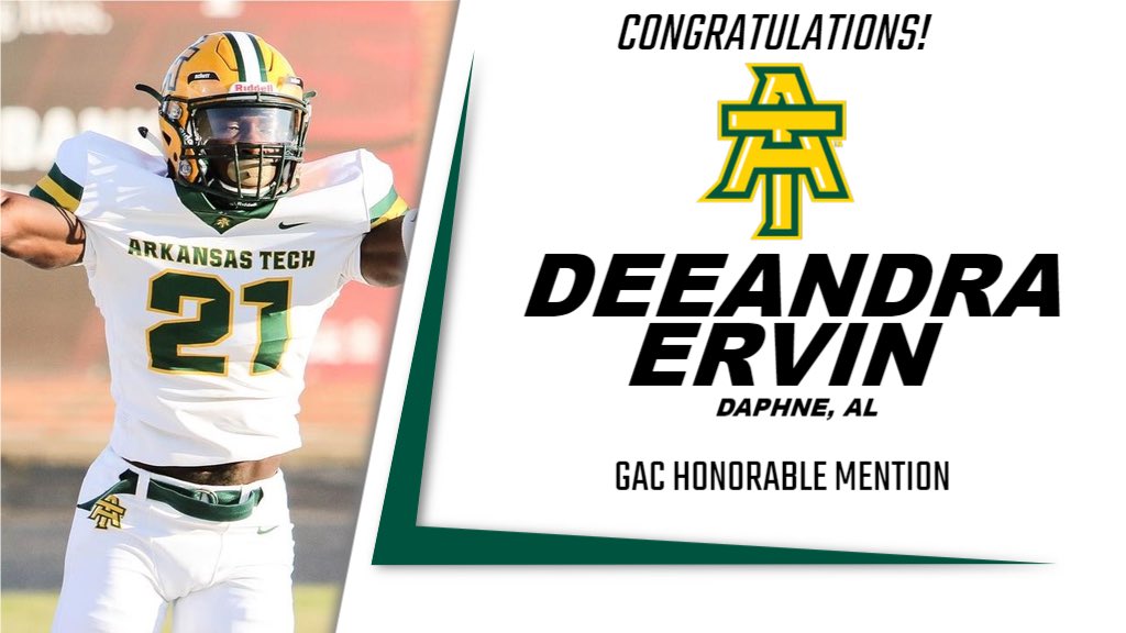 Congratulations to <a href="/iamErvgotti_21/">Deeandre Ervin.</a> on being named a GAC Honorable mention! Ervin recorded 42 Total Tackles with 5 TFLs. He also added a Sack, an Interception, 5 PBUs, and 2 Forced Fumbles. 
#LinkItUp #On2Vict0ry #FightOn