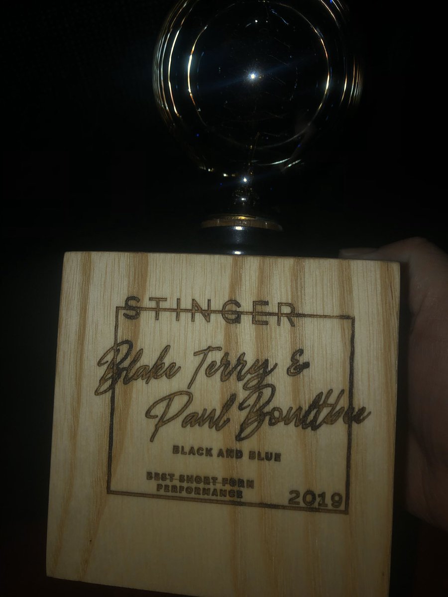 BandBFilm2018's tweet photo. Congratulations to Blake Terry and @paulboultbee who took home Best Short Form Performance at this year’s #StingerAwards for their brilliant work on Black and Blue. We are so excited for you both!! https://t.co/hZSWdLDnWm