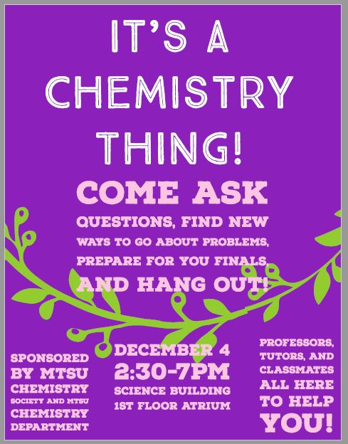 MTSU Chem Society (@mtsuchemsociety) on Twitter photo THIS WEEK!!!! #MTSUChemistrySociety will be hosting our biannual #itsachemistrything study day once again! Come join us! See pic for details.
<a href="/MTSUNews/">MTSU News</a> <a href="/AmerChemSociety/">American Chemical Society</a> <a href="/ACSUndergrad/">ACS Undergrad</a> <a href="/mtsulibrary/">MTSU Library</a> @MTSUConnection #studydayisdec4 #soclose #chemistry #mtsuchemistry #trueblue #mtsu THIS WEEK!!!! #MTSUChemistrySociety will be hosting our biannual #itsachemistrything study day once again! Come join us! See pic for details.
<a href="/MTSUNews/">MTSU News</a> <a href="/AmerChemSociety/">American Chemical Society</a> <a href="/ACSUndergrad/">ACS Undergrad</a> <a href="/mtsulibrary/">MTSU Library</a> @MTSUConnection #studydayisdec4 #soclose #chemistry #mtsuchemistry #trueblue #mtsu