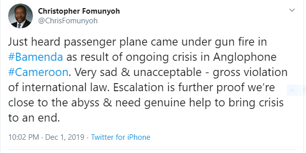 CMRNewsAgency's tweet photo. #Cameroon #Planeattack Christopher Fomunyoh reacts to Sunday's incident. https://t.co/CIrVltBUDE