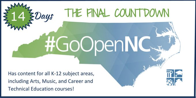 ncdpiDTL's tweet photo. #GoOpenNC is a collaborative space for educators to find and share instructional resources aligned to North Carolina Standard Course of Study! 14 days until the #GoOpenNC launch. Retweet & tag three friends to spread the word! #OER #GoOpenNC #NCed #NCDLCN https://t.co/k3nJrw51j5