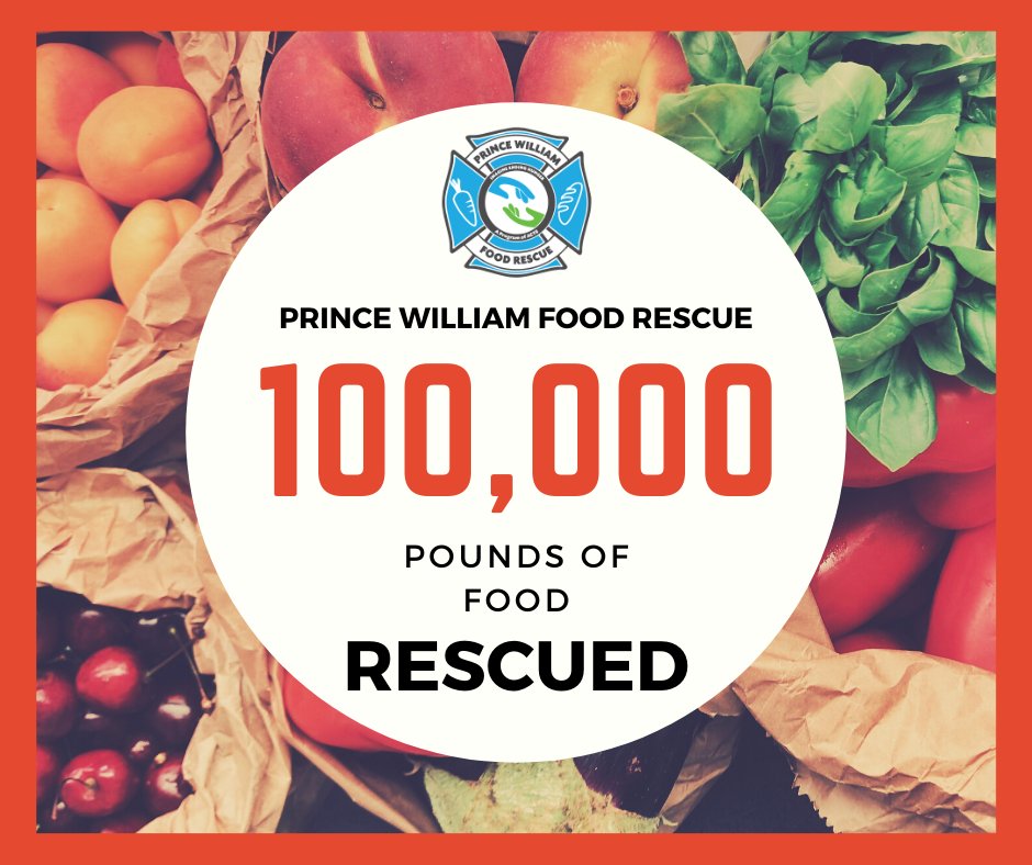 PWFoodRescue's tweet photo. Did you hear the news? Prince William Food Rescue has rescued over 100,000 pounds of food! Thank you to all of our AMAZING donors, nonprofit partners, and Food Rescue Heroes who support our mission of eliminating hunger and food waste in our community! #PWFR #foodrescue π https://t.co/l8VwJDiShc