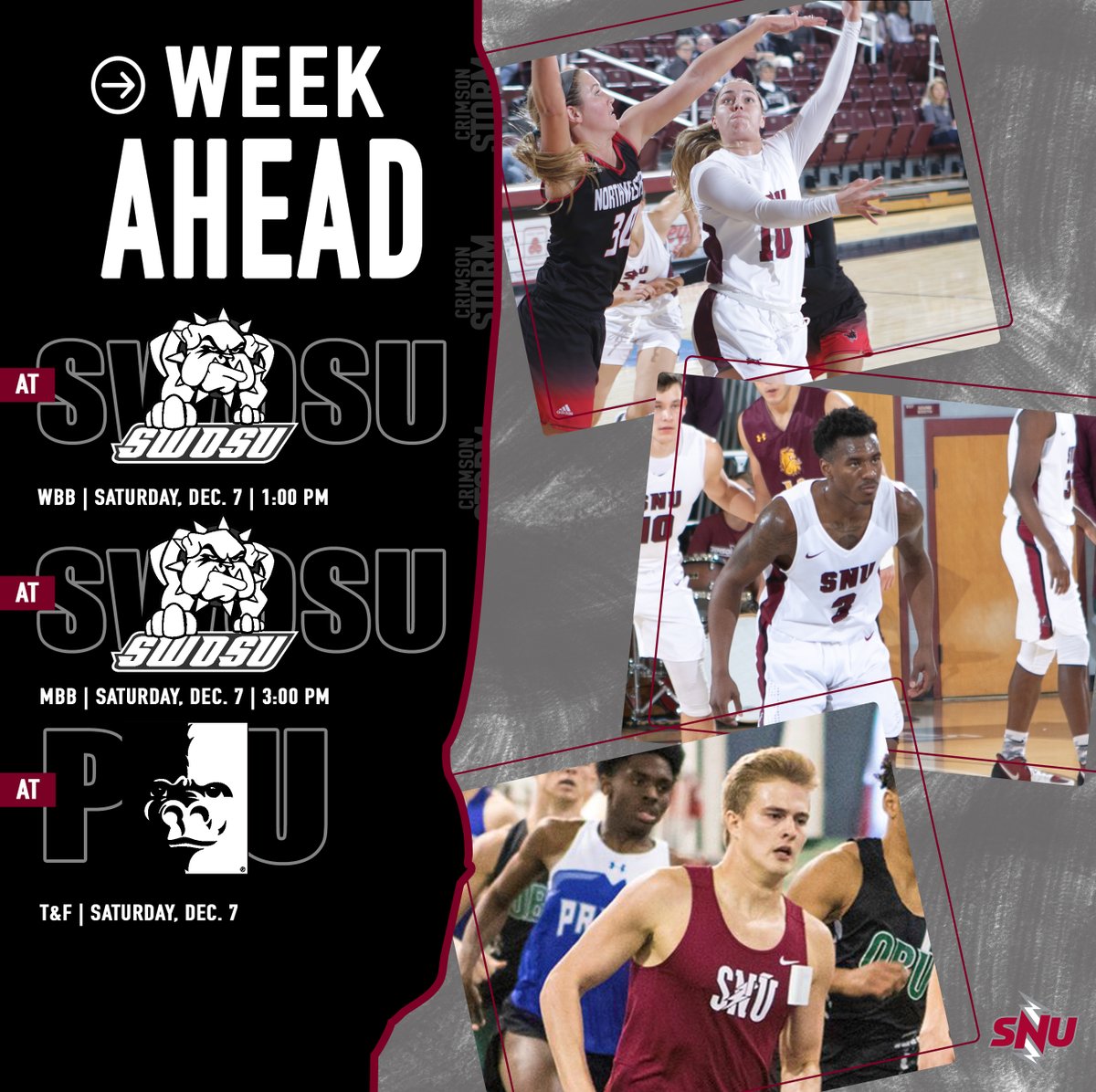 SNUAthletics's tweet photo. A 👀at the Week Ahead!

@SNUmbb and @SNUwbb both in Weatherford while @SNUXcTrack begin their indoor season at Pittsburg State!

#BoltsUp⚡️ https://t.co/8SPRrdH0ba