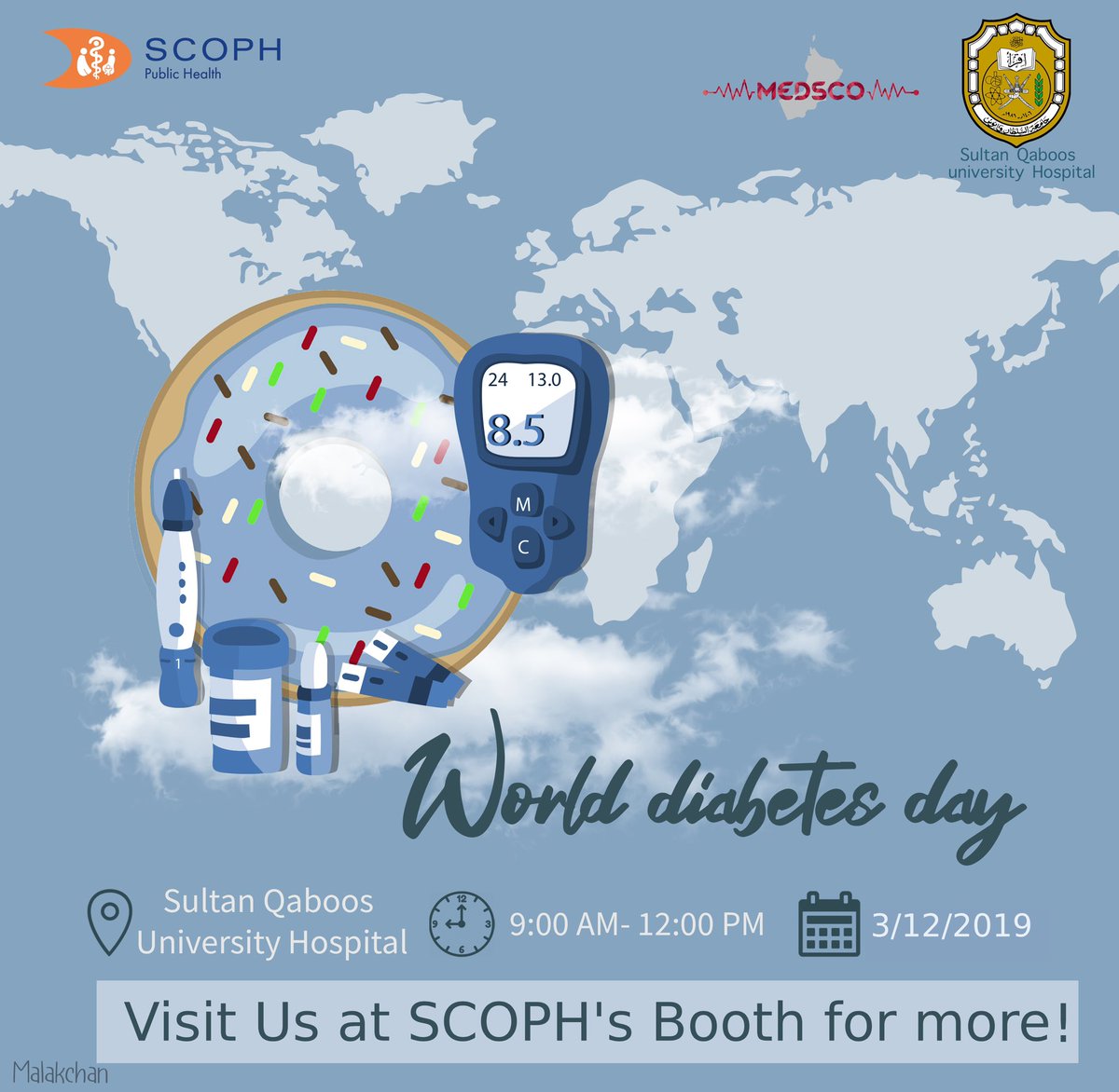 MedSCO_Oman's tweet photo. Join us at SCOPH’s booth tomorrow in Sultan Qaboos University Hospital to learn more about 
diabetes💙
We are waiting for you 😍🧡
.
انضموا إلينا في ركن الصحة العامة بمستشفى جامعة السلطان قابوس غدًا لمعرفة المزيد عن مرض السكري💙
نحن في انتظاركم 😍🧡
.
#SCOPH #SCOPH_Oman #MedSCO https://t.co/zj135Lnztu