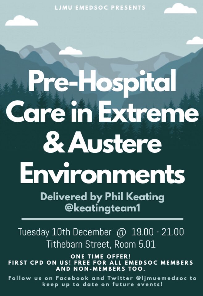 Introducing our very first #CPD event of the year, delivered by the one and only <a href="/keatingteam1/">Keating Team 🤙🏼💙</a>. Be sure to attend on Tuesday 10th December to learn more about care in extreme environments. First one on us! #studentsociety #training <a href="/LJMUParamedic/">LJMU Paramedic</a> <a href="/LJMUNursing/">LJMU Nursing</a> <a href="/MakingMidwives/">LJMU Making Midwives</a>