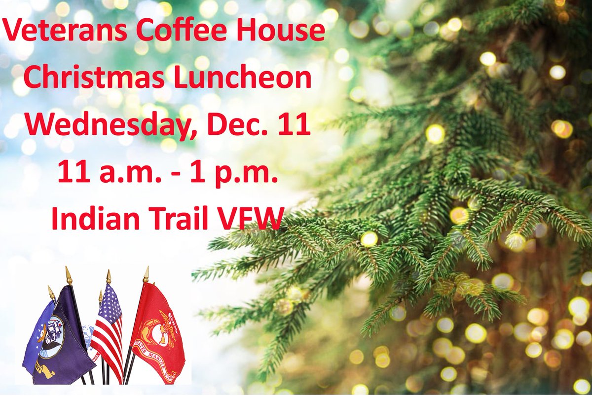 DhsUnion's tweet image. Veterans, tomorrow is the last day to RSVP for the Veterans Coffee House Christmas Luncheon on Wednesday, Dec. 11 at the Indian Trail VFW. RSVP to Al Johnstone at 704-290-5086. #veterans #thankyouforyourservice