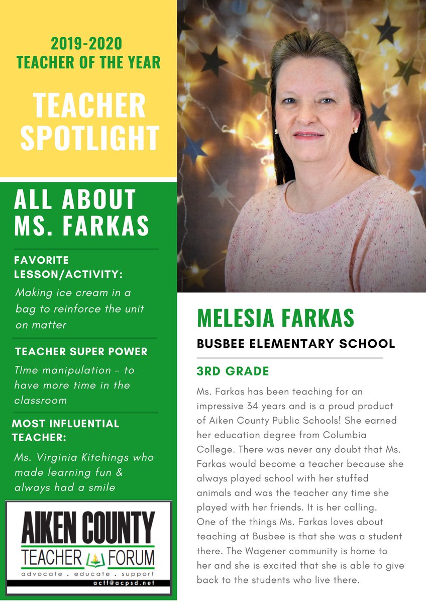 🔦 2019-2020 Teacher of the Year Teacher Spotlight:
Ms. Melesia Farkas from <a href="/BusbeeElem/">Busbee Elementary</a> 

#teacherleaders #ACTFsupports #ACTFadvocates #TOY