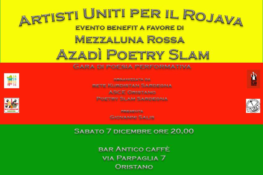 ReteKurdistan's tweet photo. 7 Dic//Artisti uniti per il Rojava - Azadi Poetry Slam
https://t.co/4SL9XwMAPO

#youcannotbefreealone
#NoguerraKurdistan
#stopinvasion https://t.co/S9Q00eVo49