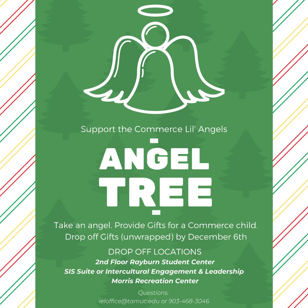 Time of giving is a time for loved ones and those less fortunate. In the Rayburn student Center Atrium, you can pick your Lil' Angel from the tree and Drop off the Gift by FRIDAY Dec. 6th (RSC 2nd Floor, IEL Suite)

We know those Lil' Angel are looking for an Angel themselves!