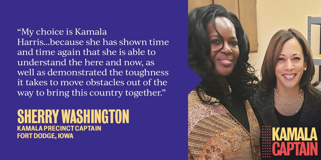 Our Precinct Captains and volunteers power this movement—read what Sherry in Fort Dodge had to say about Kamala: action.kamalaharris.org/go/20369 #IACaucus