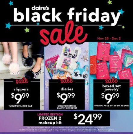 LABoardwalk's tweet image. Today is the last day for Black Friday Savings at @claires! 
$9.99 Slippers
$9.99 Diaries 
$9.99 Boxed Set Jewelry
$24.99 Limited Edition Frozen 2 Makeup Kit 

See store associate for details. Sale deals while supplies last. Ends December 2, 2019.