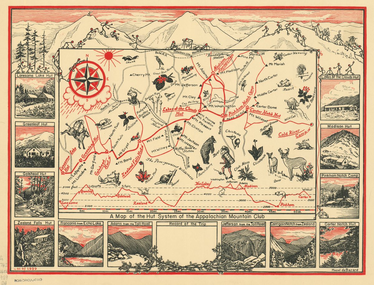 From our digital collection of Granite State maps, all the Appalachian Trail shelters in the White Mountains of New Hampshire in 1939. bit.ly/35RVQ3F #Appalachiantrail @AppMtnClub #digitalcollection #vintagemap