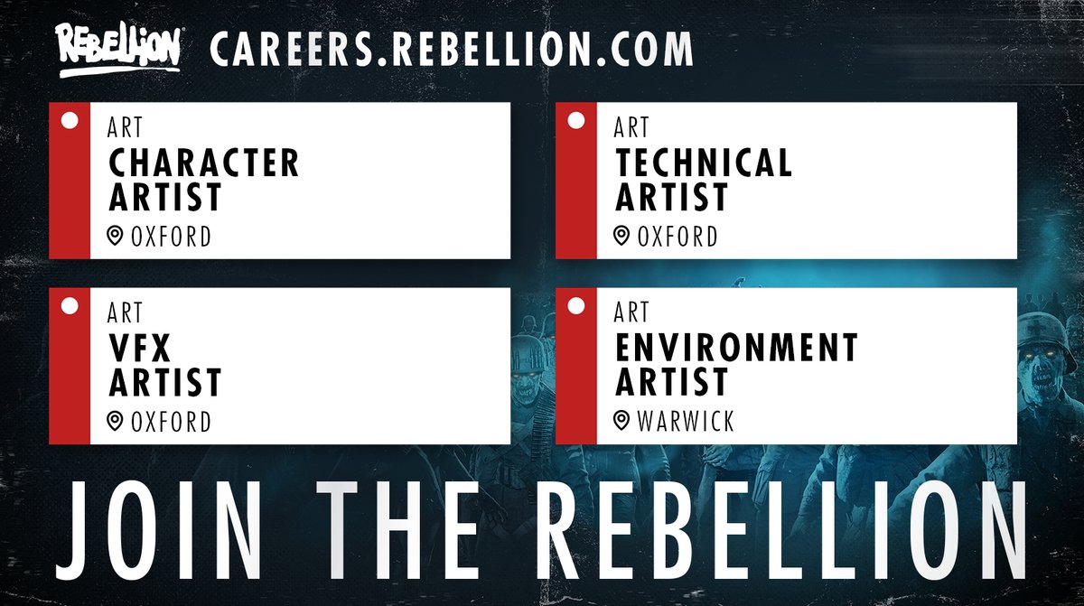 Calling all #artists! 🎨

This is your chance for a dream career as a #CharacterArtist, #TechnicalArtist, #VFXArtist or #EnvironmentArtist in #games! 

Check out our careers page for more roles: careers.rebellion.com
#GamedevJobs #Gamedev #GamesIndustry #GameJobs