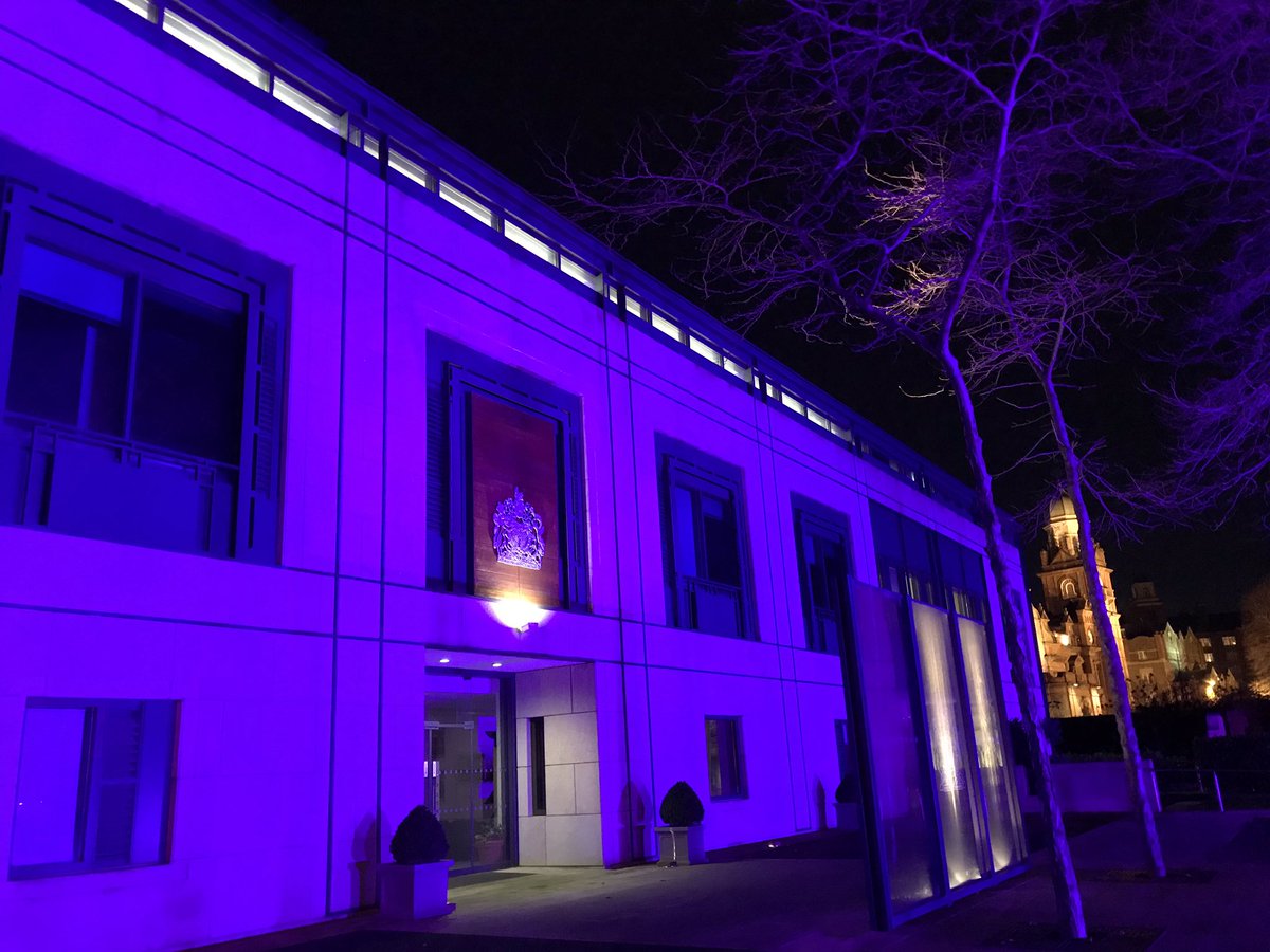 Getting ready for tomorrow’s International Day of Persons with Disabilities @BritEmbDublin is proudly purple this evening #IDPWD2019 #PurpleLights19 with @DisabilityFed