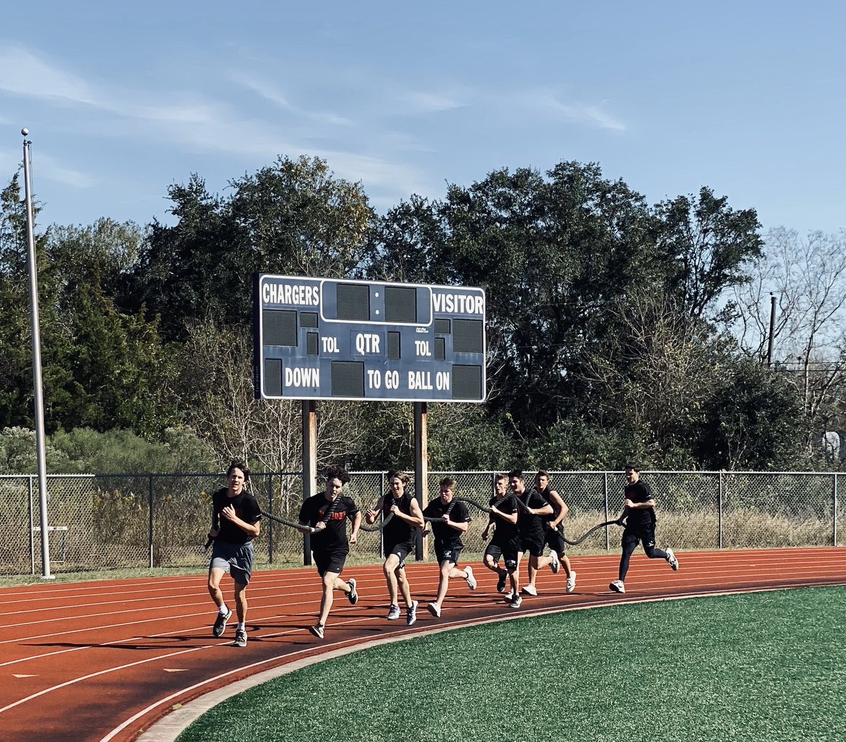 Springsbsb's tweet photo. La Flames win “8 Laps to Round Rock” today:
400 meter run
Tire carry
Farmers walk
Med ball throw 
Team rope run https://t.co/cxjEPFGx22