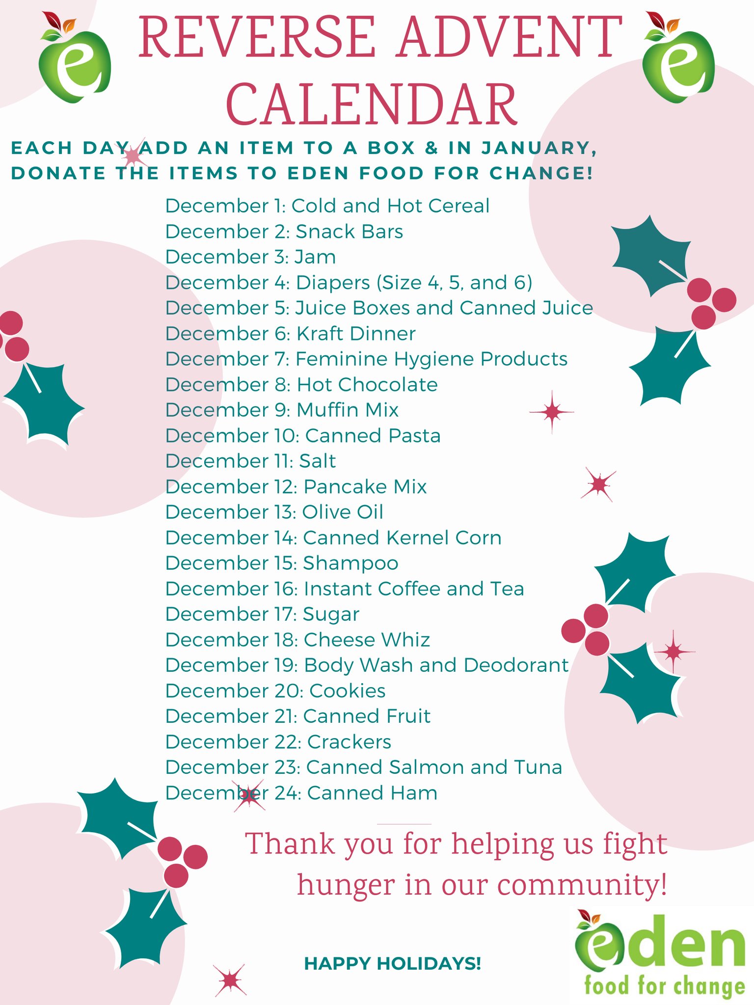 Eden Food for Change on Twitter: "In lieu of #MostNeededMonday, this month  we are introducing our REVERSE Advent calendar! Add a most needed item to a  box each day and when we