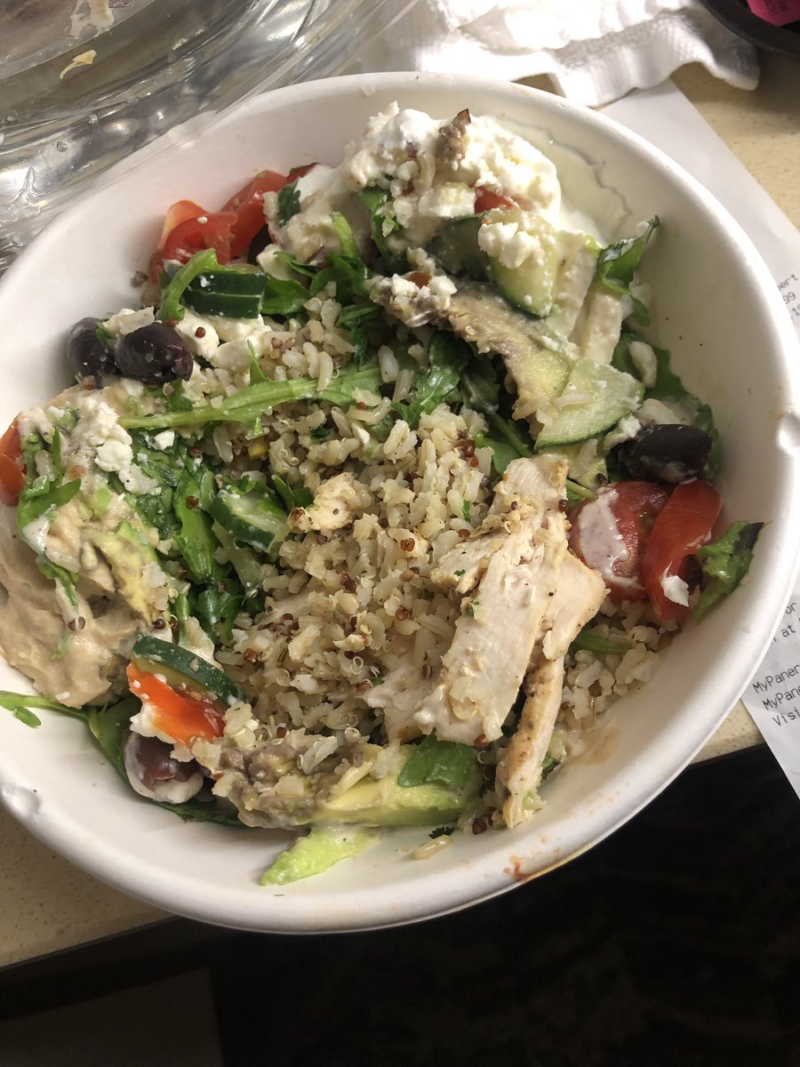SimplyGayatri's tweet photo. @panerabread Very disappointing store experience. Ordered the VEGETARIAN Mediterranean Grain bowl and was SHOCKED to find chicken in it. I’m on vacation and this was my dinner. By the time I got to eating it, the store had shut for the night. UNACCEPTABLE!! https://t.co/JWP7oH06Hk