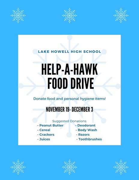 Our annual Food Drive ends tomorrow. Don’t forget to bring as follows- Peanut butter,cereal,crackers, juice,deodorant and etc.