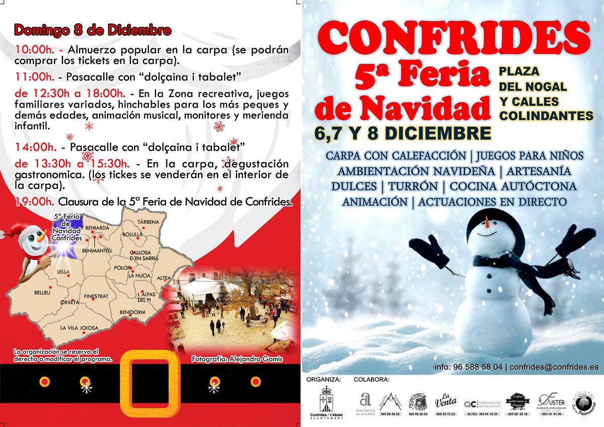 confrideslabdet's tweet image. [CAS] 🗓️ PROGRAMACIÓN 5ª Feria de Navidad de Confrides ☃️🎄❄️

✨ 6, 7 y 8 de Diciembre ✨ 🎉 Juegos para niños, ambientación navideña, artesanía, gastronomía casera, actuaciones en directo... #Confrides #LAbdet #VisitConfridesLAbdet