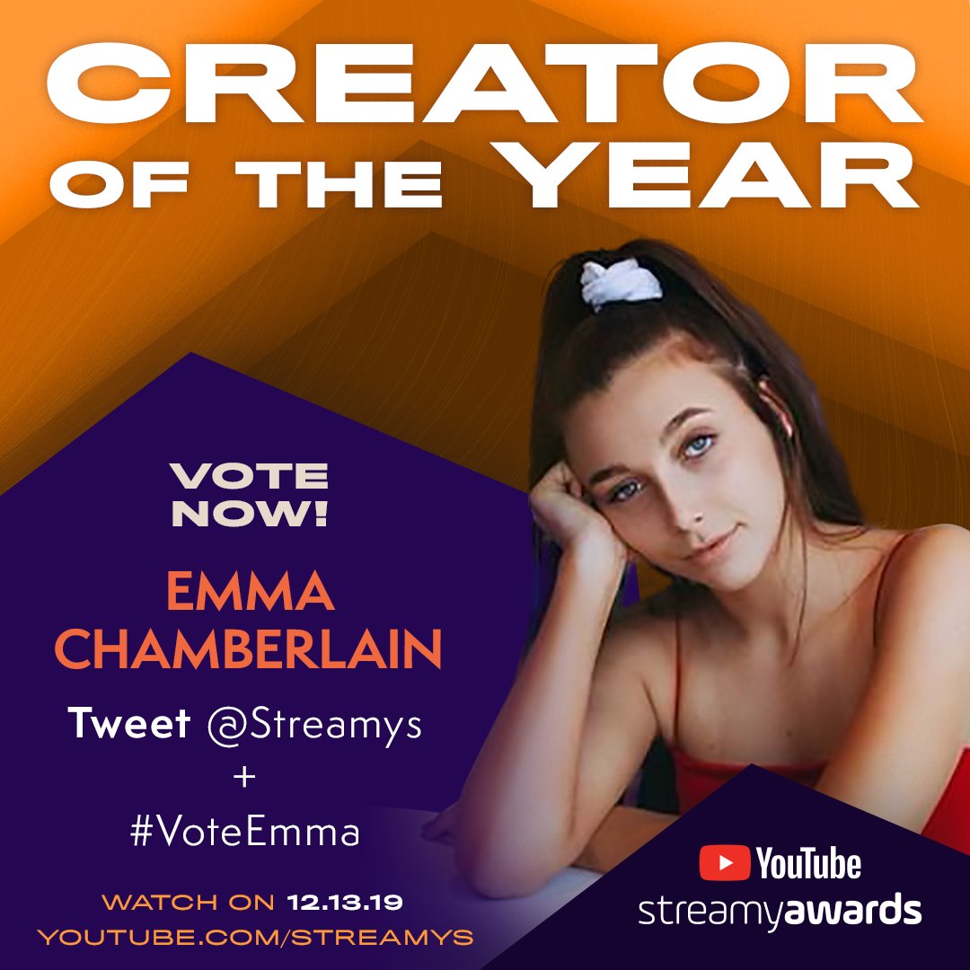 streamys's tweet image. hey internet, want @emmachamberlain to win Creator of the Year at the #streamys? RT or tweet #VoteEmma + tag @streamys to vote!