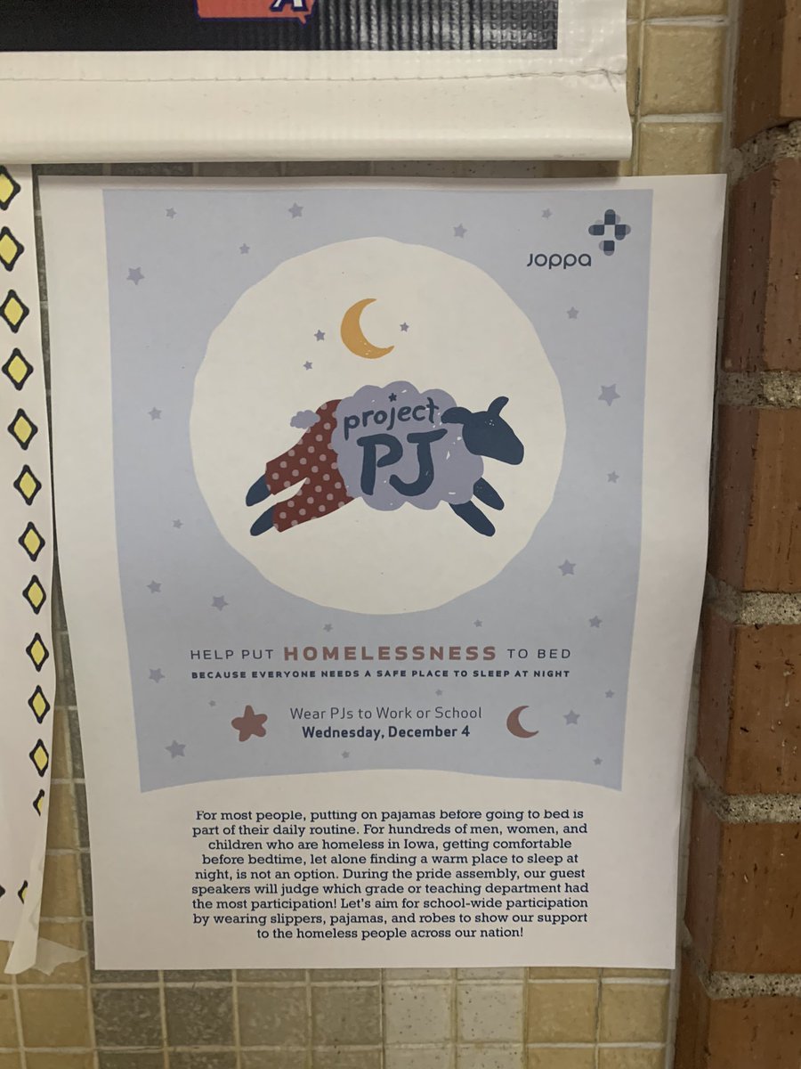 FcaGrinnell's tweet photo. if you’ve seen these signs around at school, pay close attention because you get to wear pajamas to school! this Wednesday, December 4th during GHS’s pride assembly FCA will be hosting JOPPA’a Project PJ! there will be volunteers who work directly with the homeless in iowa to https://t.co/r49nlSdBBT