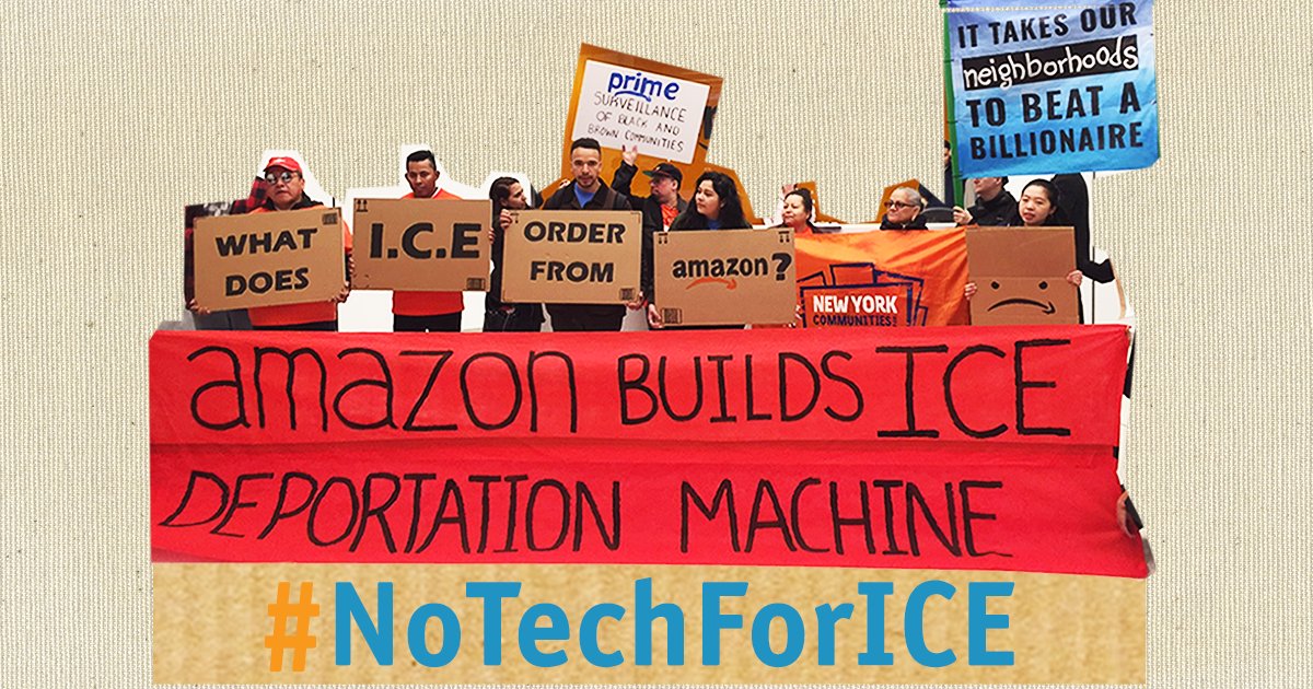 ConMijente's tweet photo. By using Palantir software on AWS technology, ICE stores &amp; shares massive amounts of data used to target &amp; detain immigrants. 

It’s time for Amazon to cut ties with ICE. Tell Bezos to take action 👉🏾 https://t.co/wVKSUACyLm 👈🏾

#NoTechForICE #CyberMonday https://t.co/PeTTrOwHR5